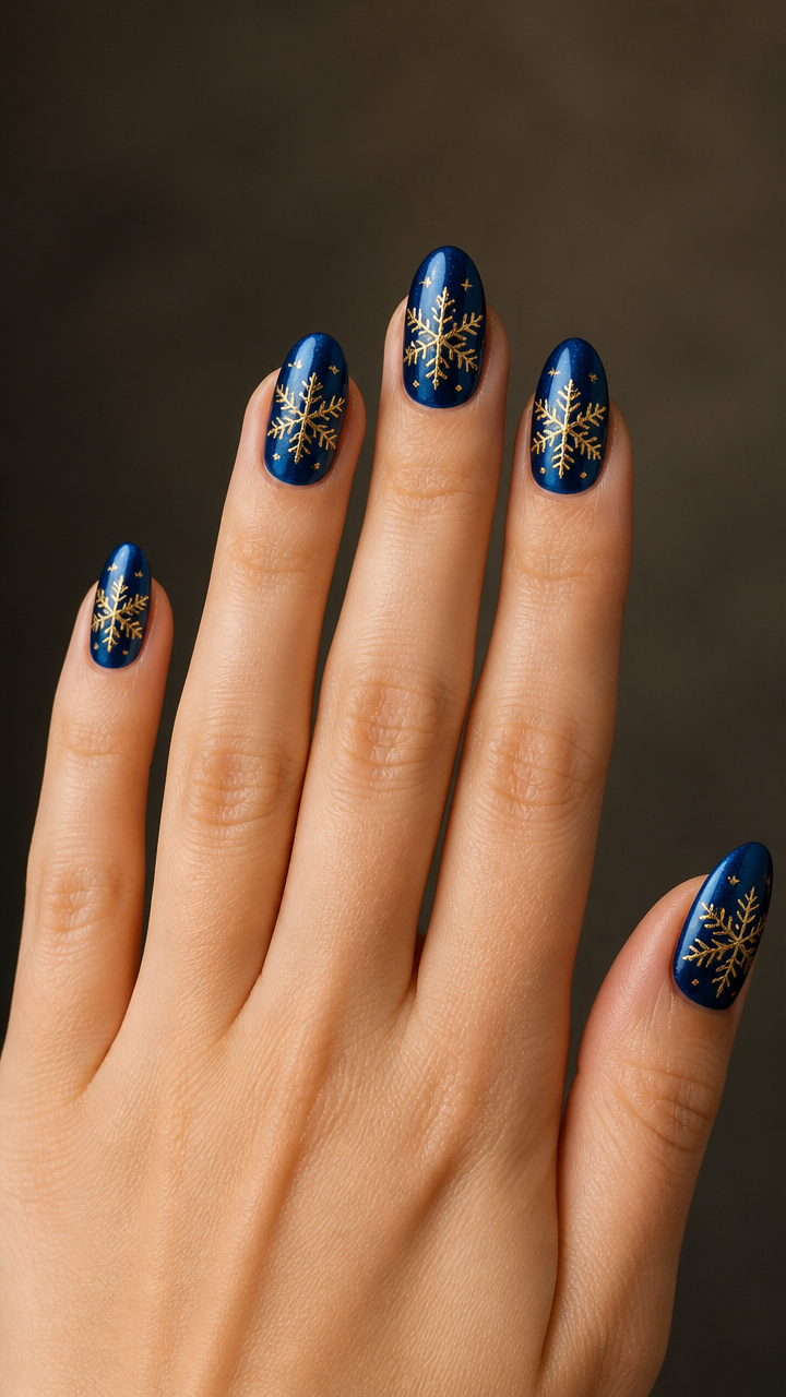 Sapphire Blue with Gold-Touched Snowflakes