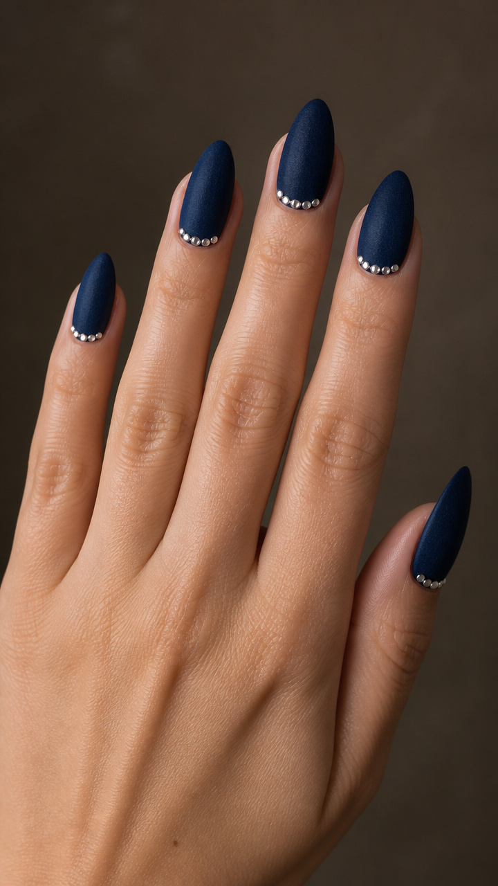 Navy Velvet Matte Manicure with Silver Studs