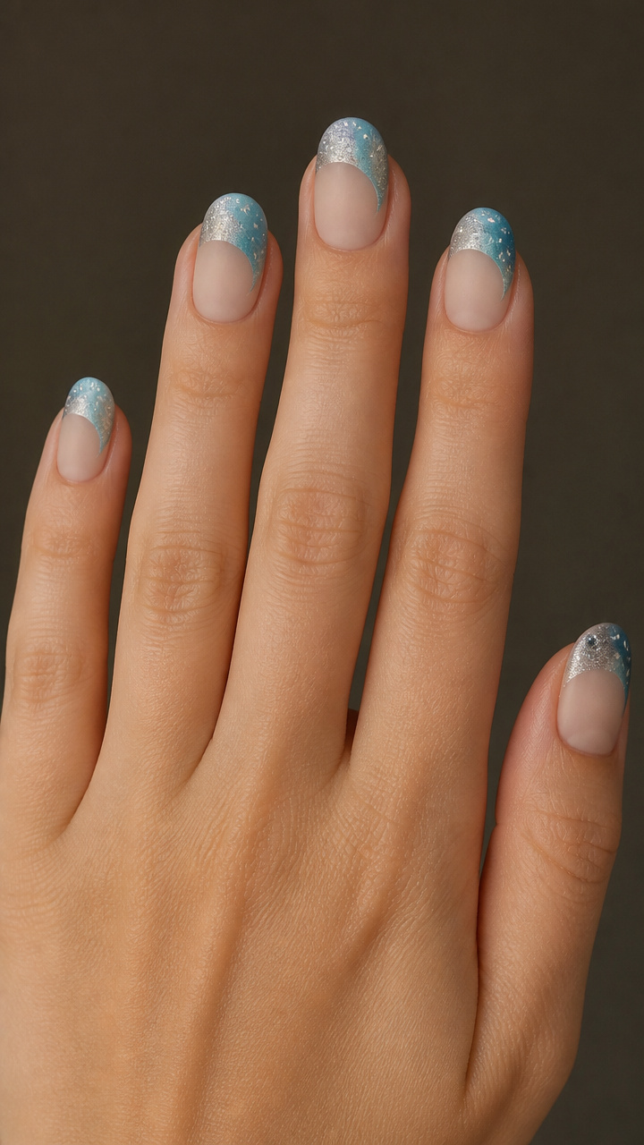 Turquoise and Silver Gradient Moon Nails