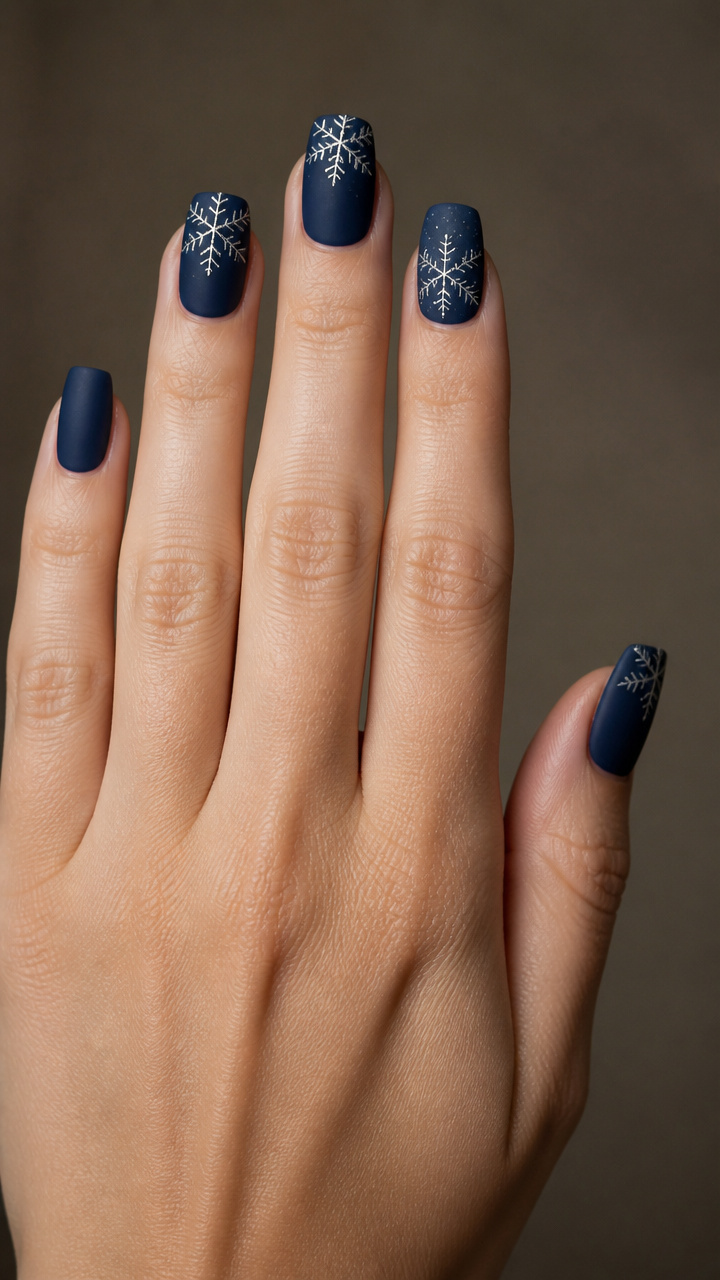Navy Velvet Matte with Silver Snowflakes