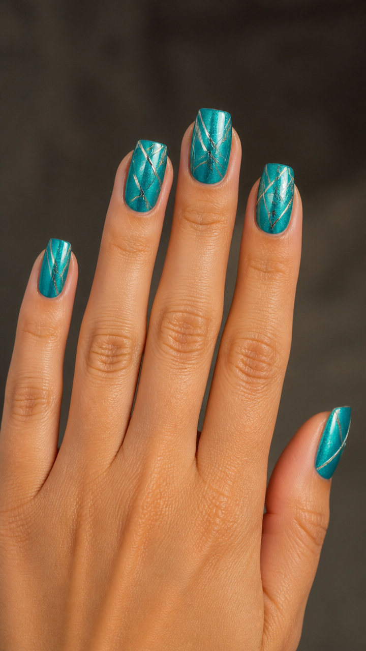 Turquoise Shimmer with Geometric Line Art