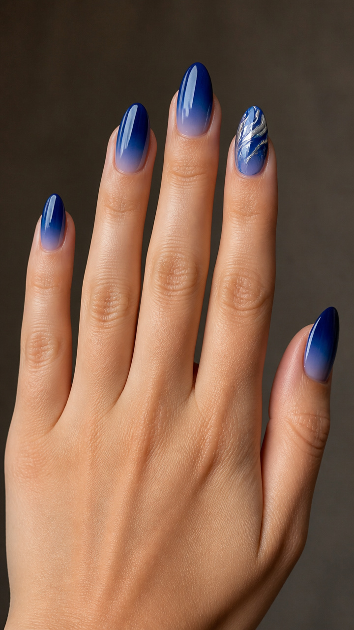 Cobalt Blue Ombre Dip with Chrome Swirl