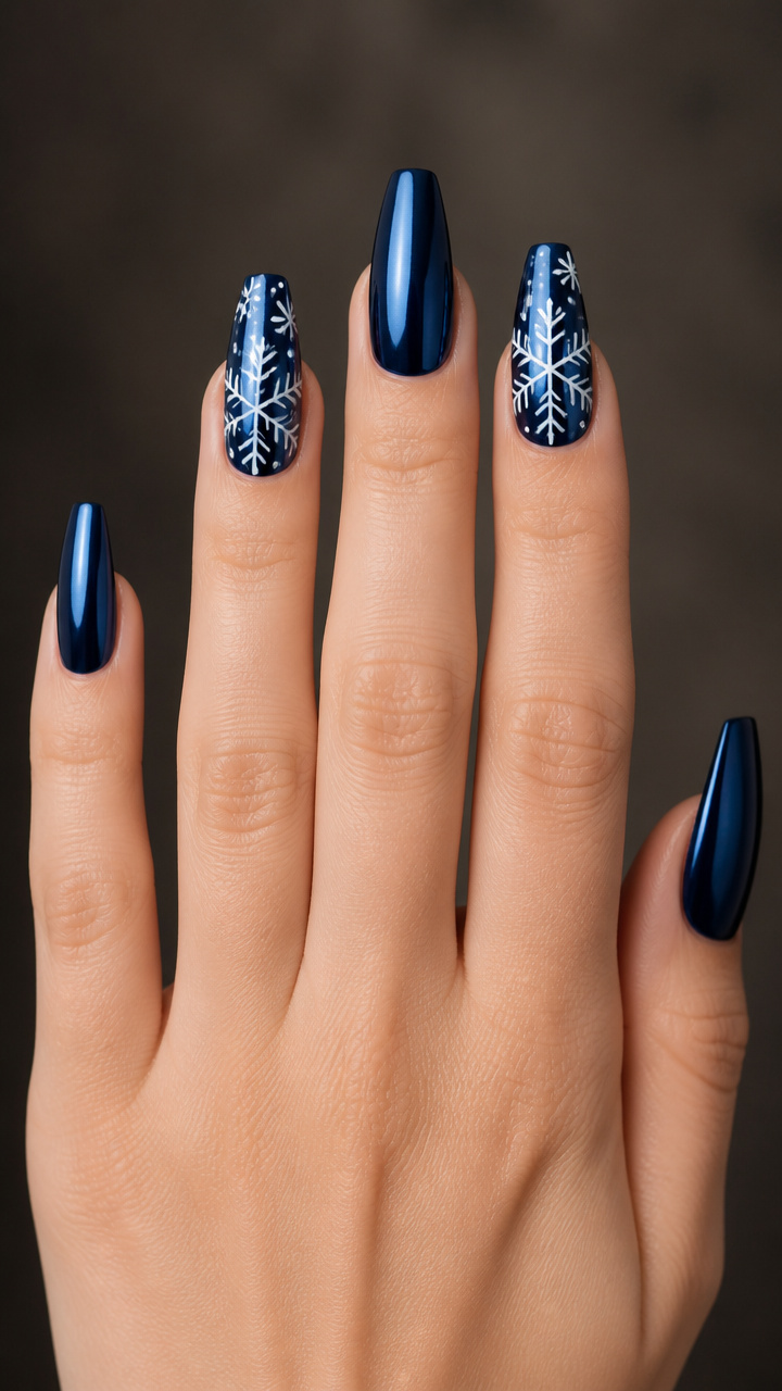 Navy Chrome Coffin Nails with Snowflake Detailing