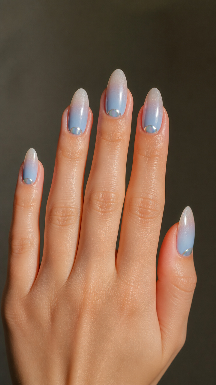 Icy Sky Blue Ombré with Chrome Moon Accents