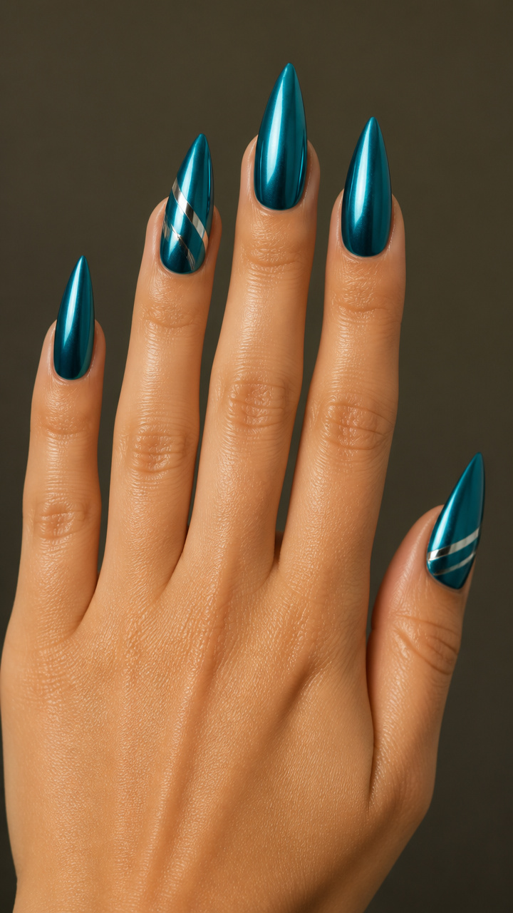 Arctic Teal Stiletto Nails with Reflective Chrome Stripes
