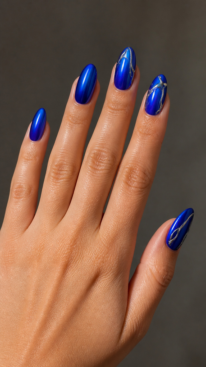 Electric Blue Chrome Ombre with Minimalist Line Art