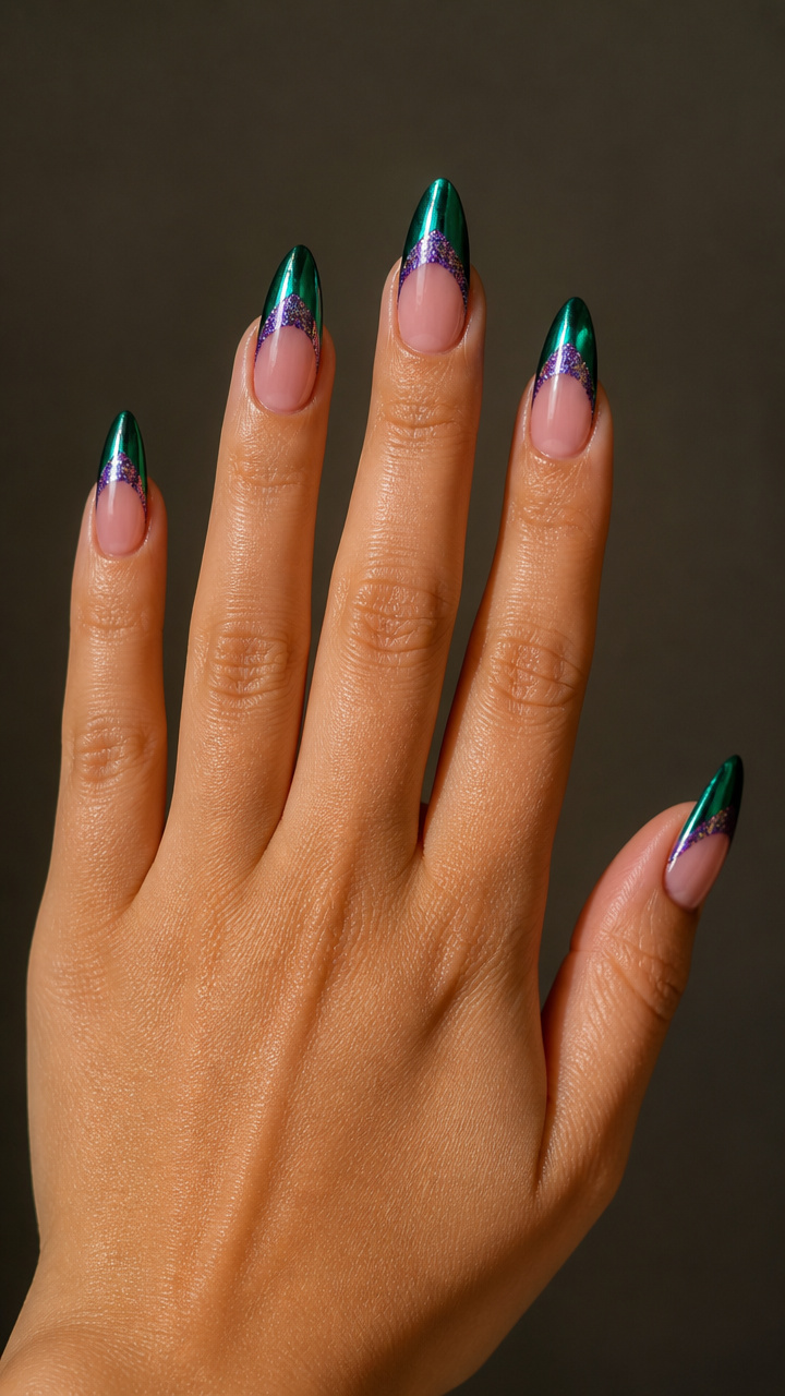 Emerald Chrome Tips with Purple Glitter Accents