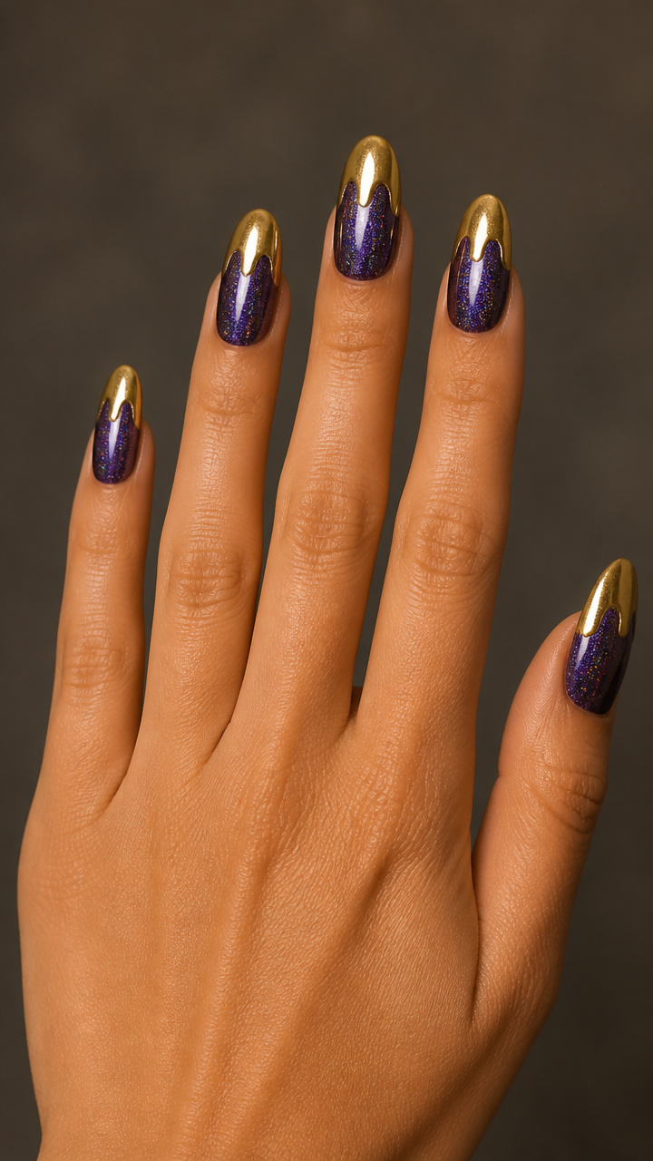 Gold Dipped Tips over Purple Holographic Shimmer