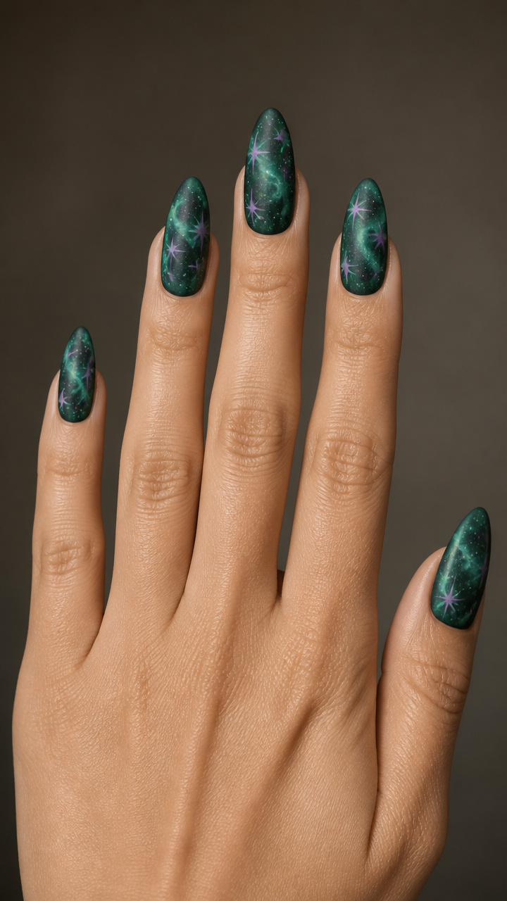 Green Galaxy Nails with Purple Starbursts