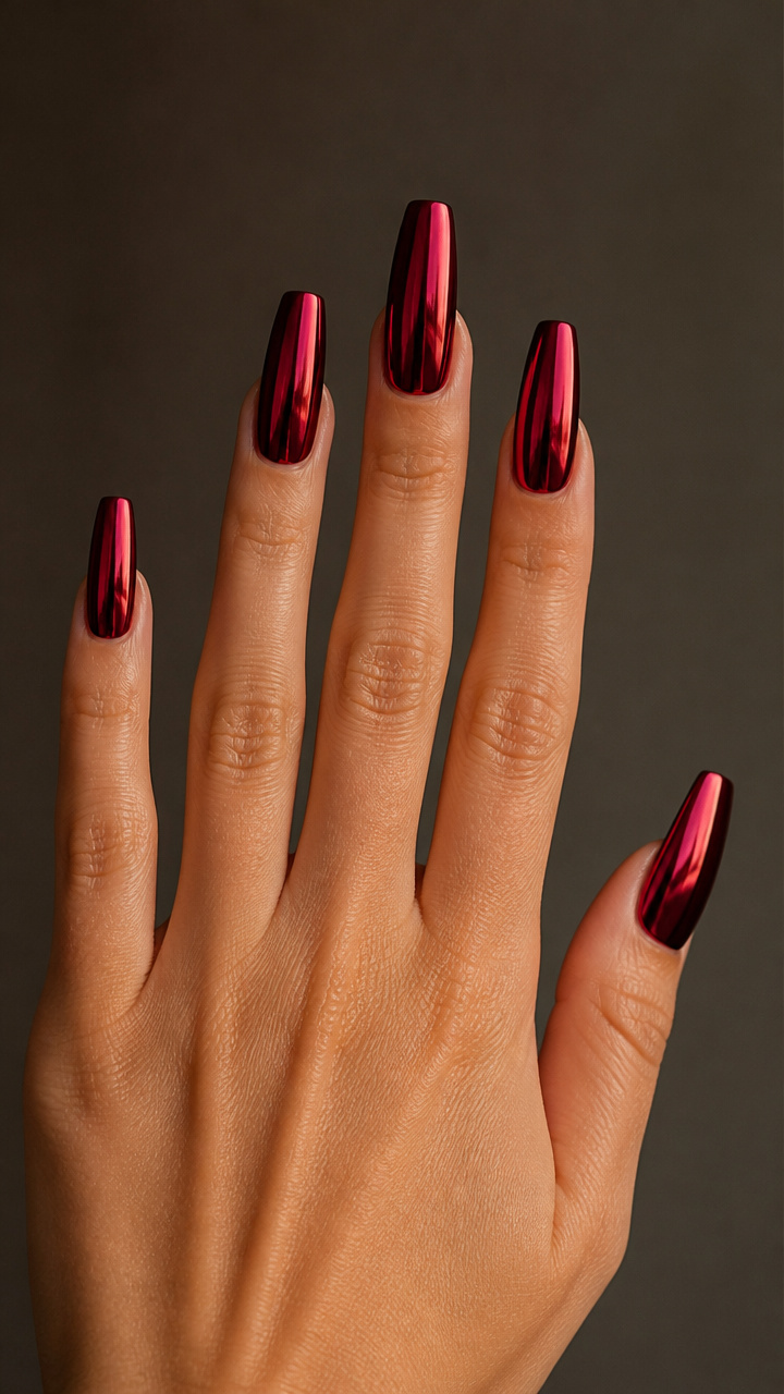 Deep Crimson Chrome Coffin Nails