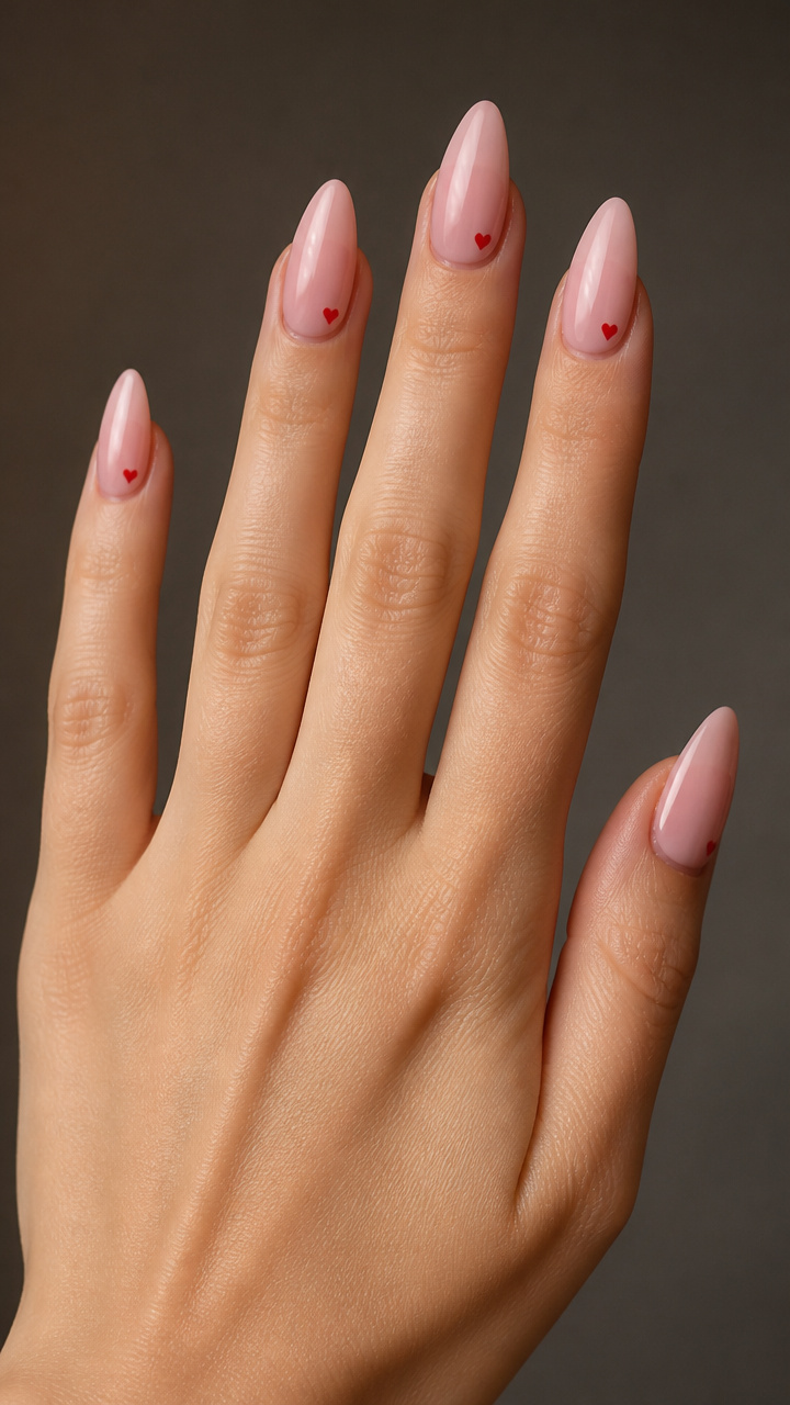 Blush Pink Almond Nails with Micro Hearts