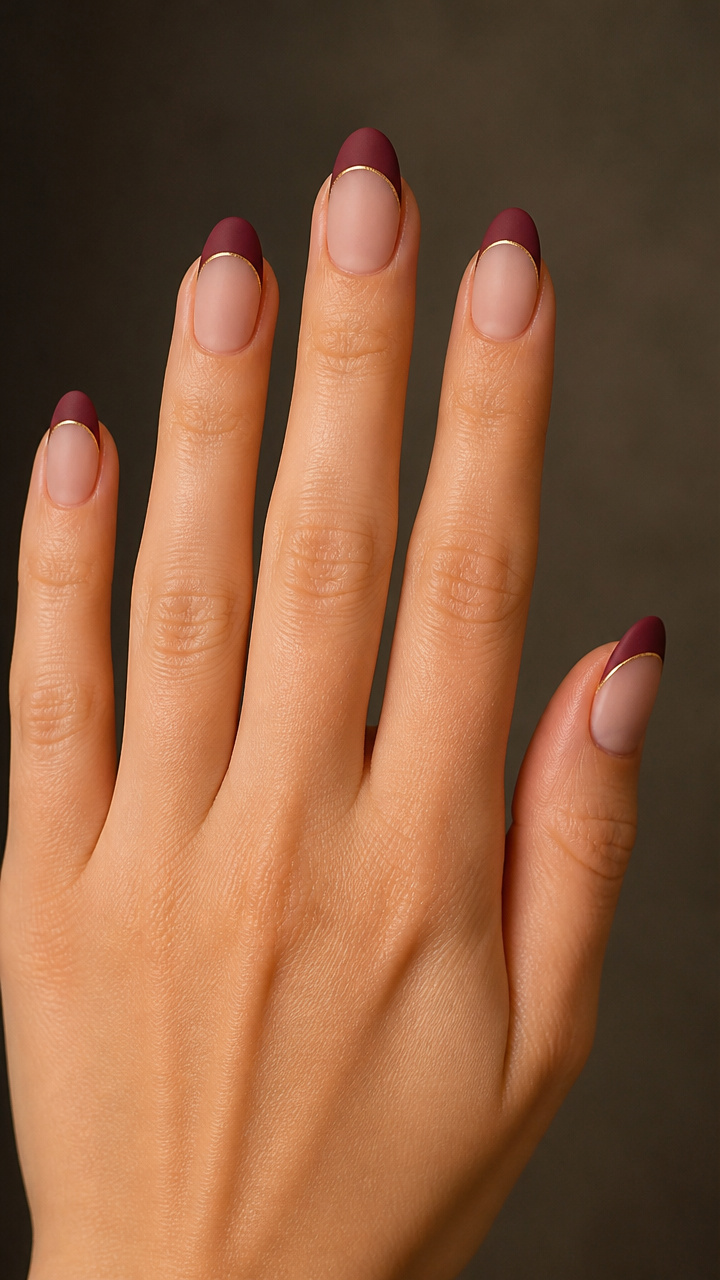 Matte Berry French Tips with Gold Accents