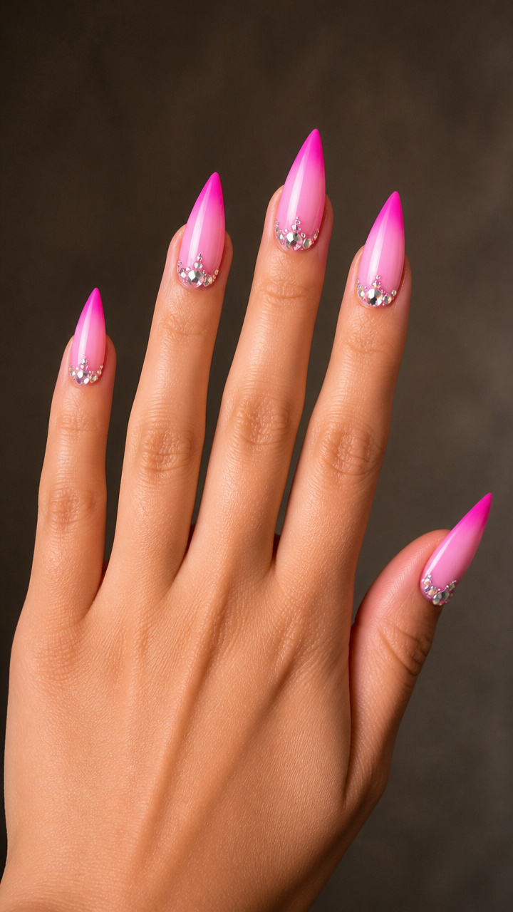 Pink Ombré Stiletto Nails with Rhinestone Clusters