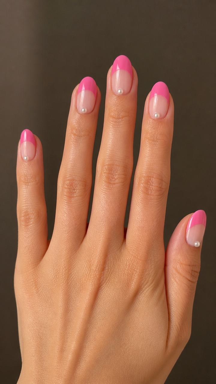 Candy Pink Half-Moon Manicure with Pearl Dots