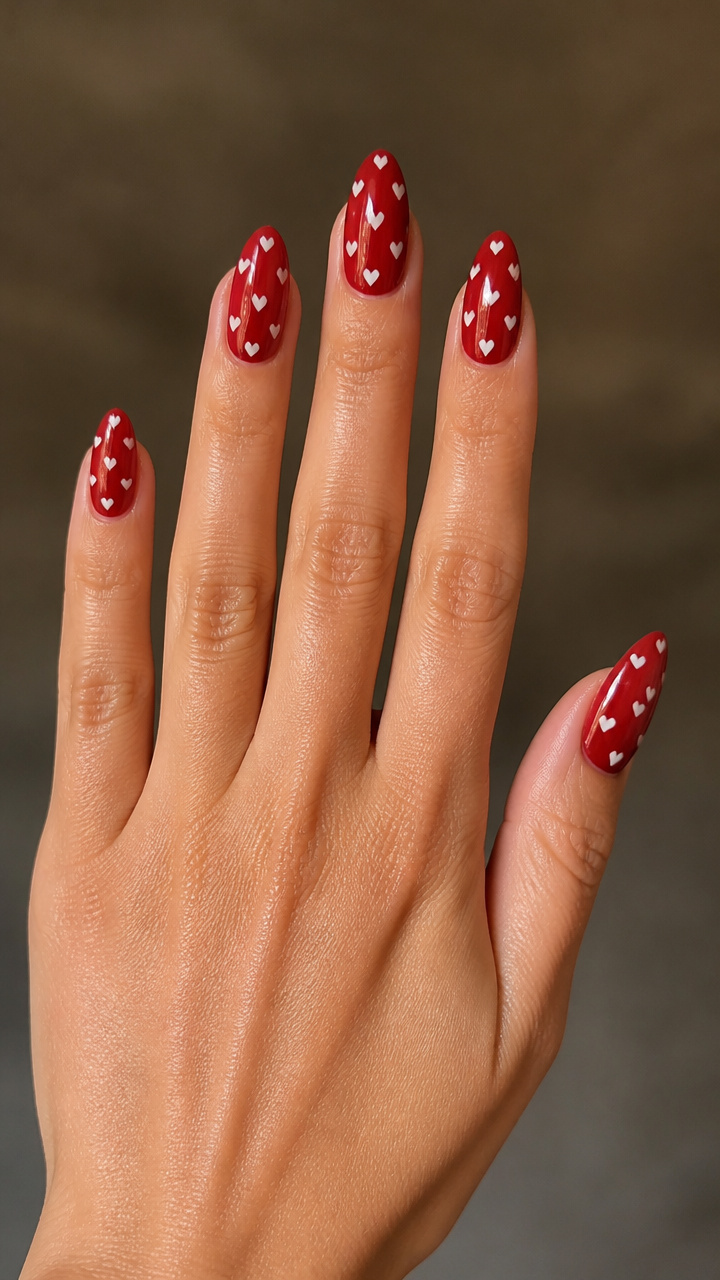 White Heart Confetti on Cherry Red Base