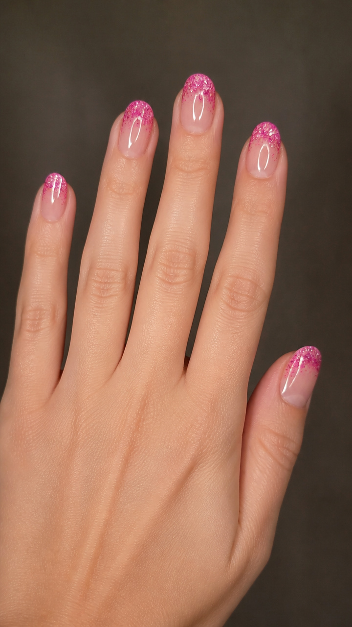 Hot Pink Glitter Tips on Clear Base
