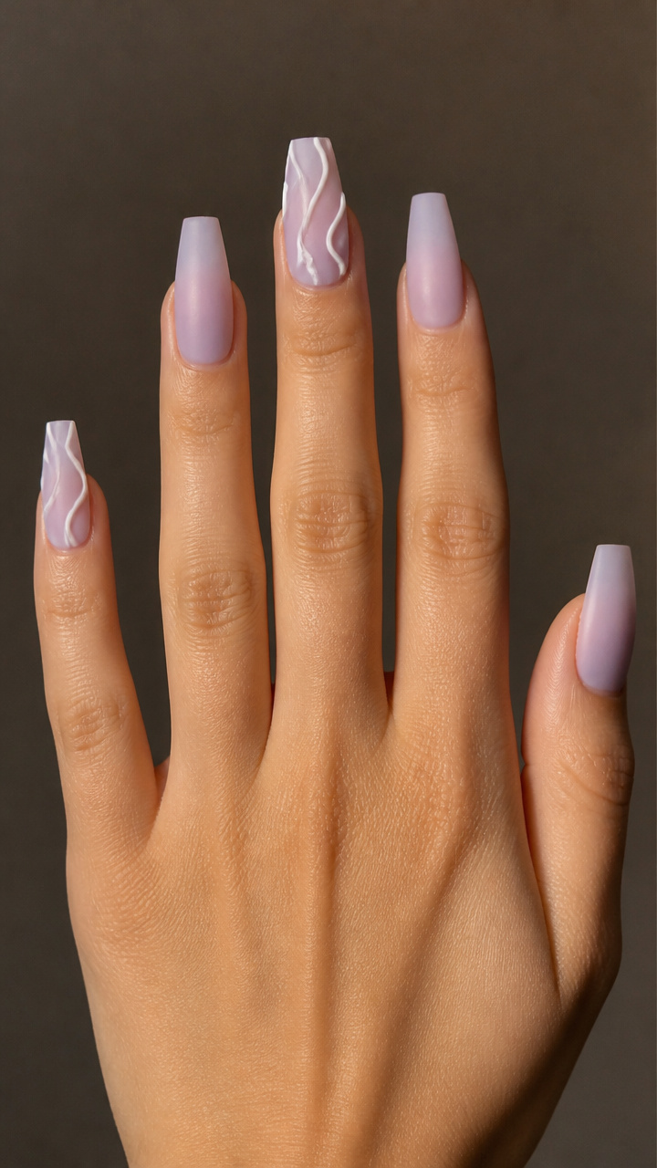 Frosted Lilac Coffin Nails with Icing-Like Swirls
