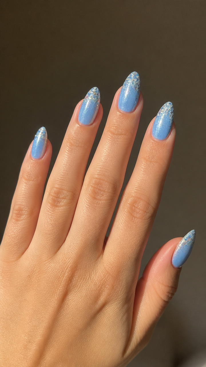 Frosted Sky Blue Almond with Glitter Tips