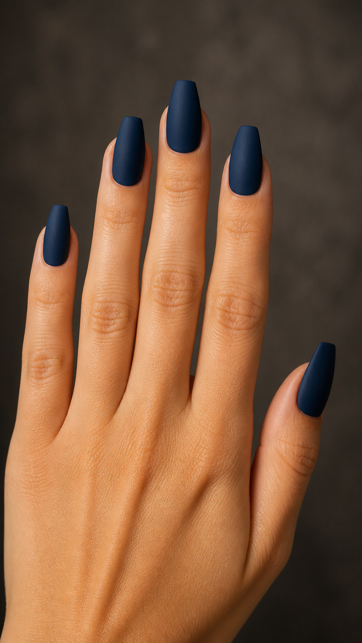 Navy Velvet Coffin Nails with Matte Topcoat