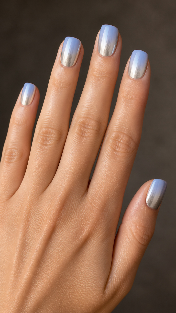 Icy Chrome Silver-Blue Ombré on Square Short Nails