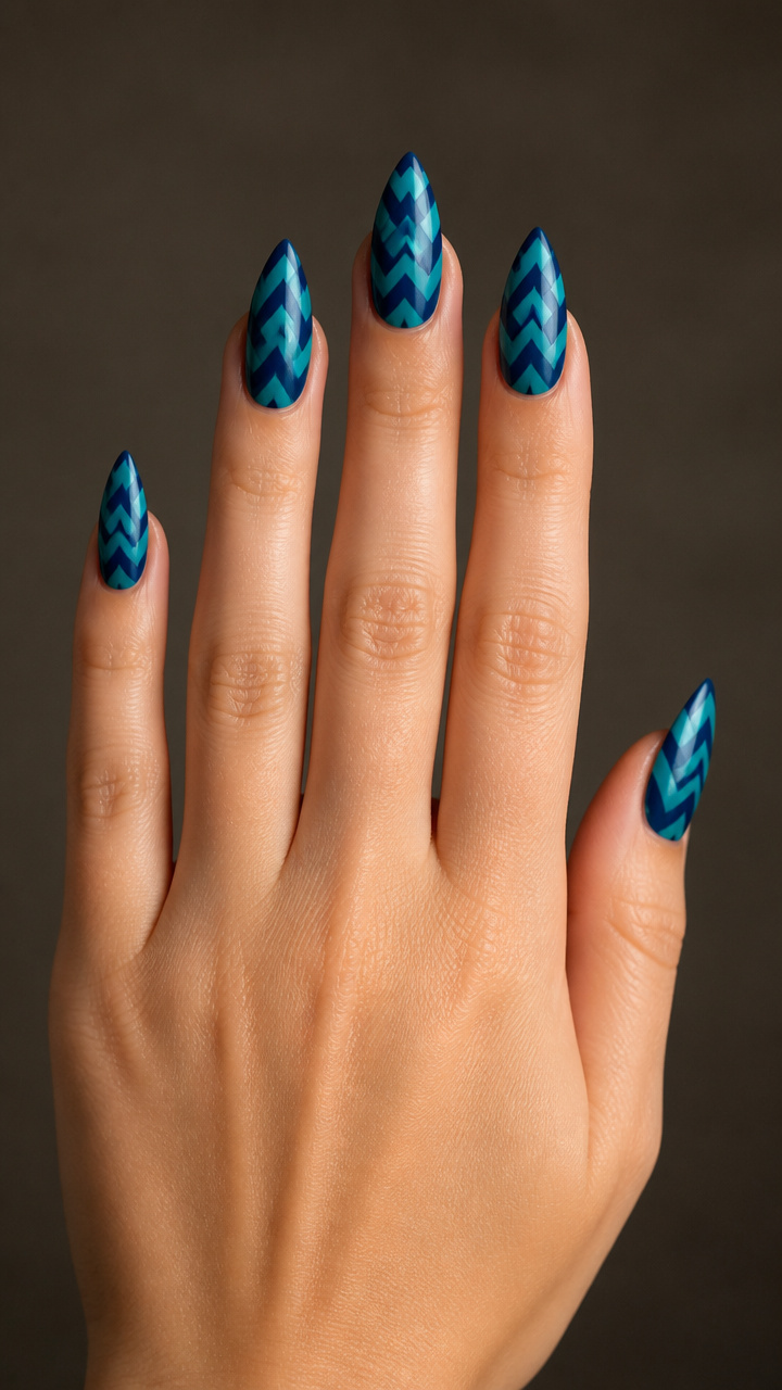 Teal and Navy Chevron Art on Stiletto Nails