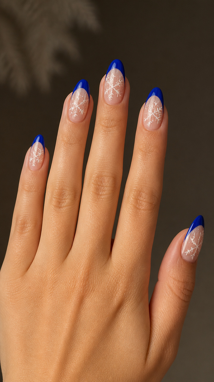 Royal Blue French Tips with Snowflake Accents