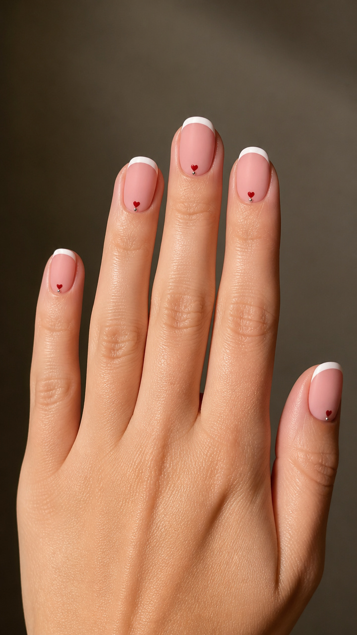 Blush Pink French Tips with Tiny Hearts