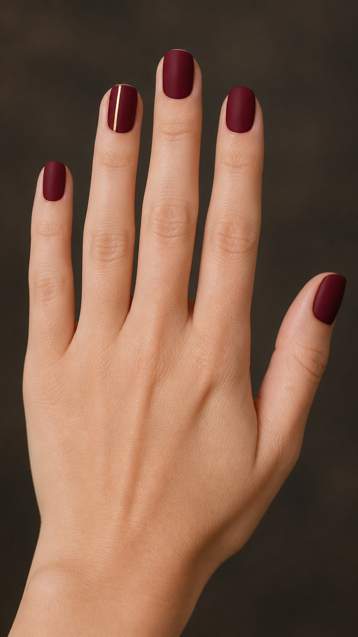 Deep Burgundy Matte Manicure with Gold Accent
