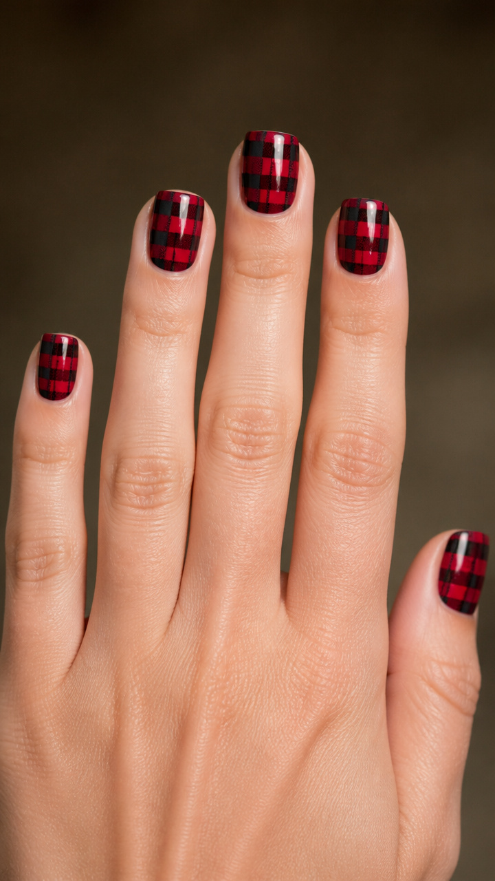 Red Plaid Pattern on Square Short Nails