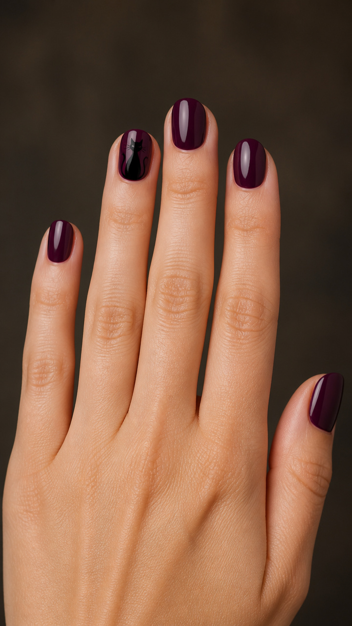 Black Cat Silhouette on Deep Plum