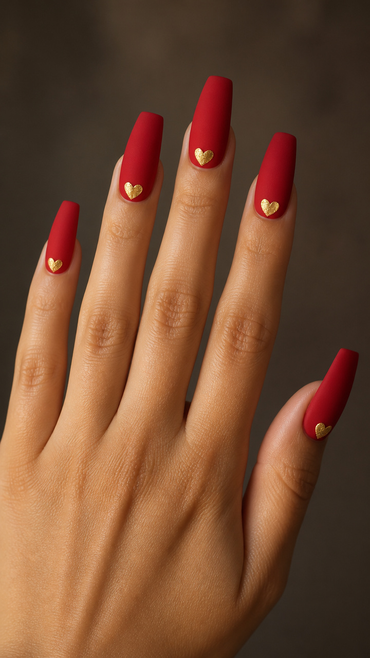 Matte Cherry Red Coffin Nails with Gold Heart Accents