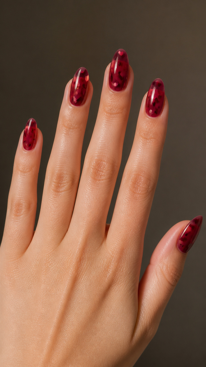 Sheer Wine Jelly Nails with Floating Heart Confetti