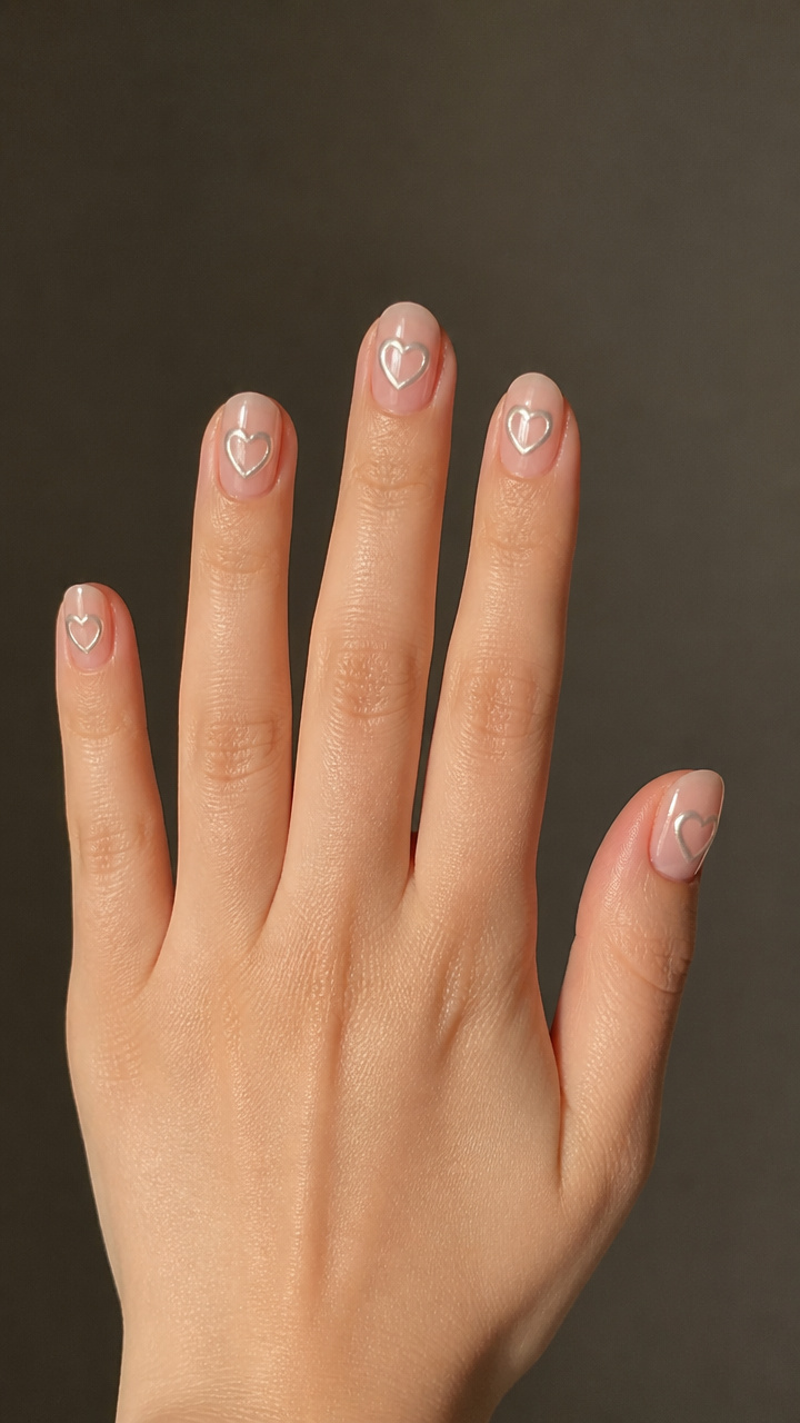 White Chrome Hearts on Translucent Nails