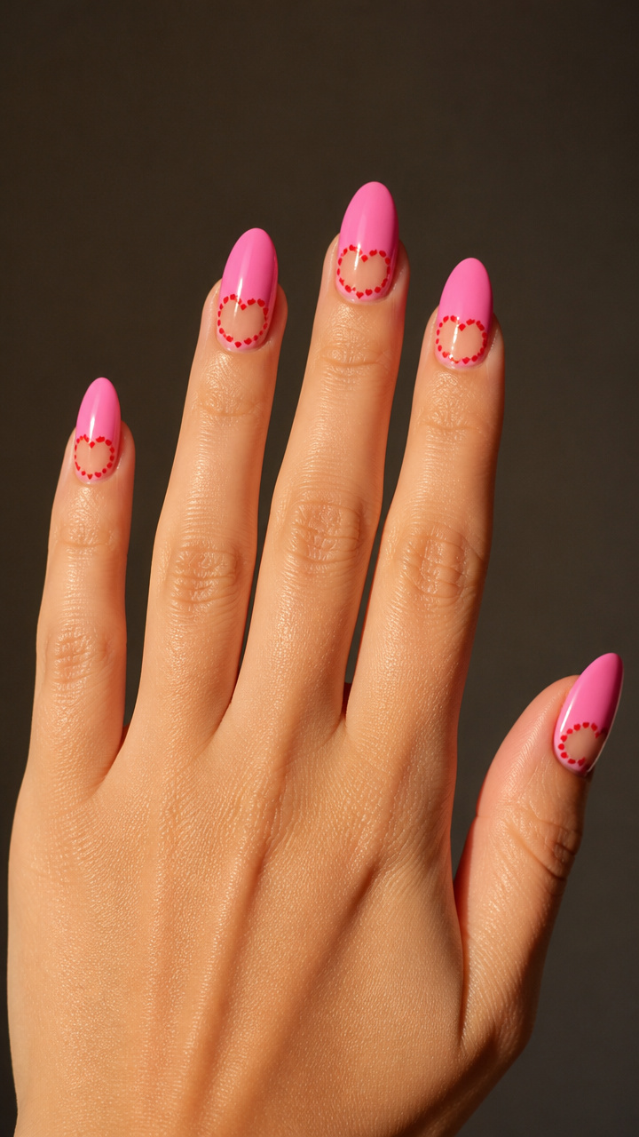 Candy Pink Half-Moon Nails with Heart Cutouts