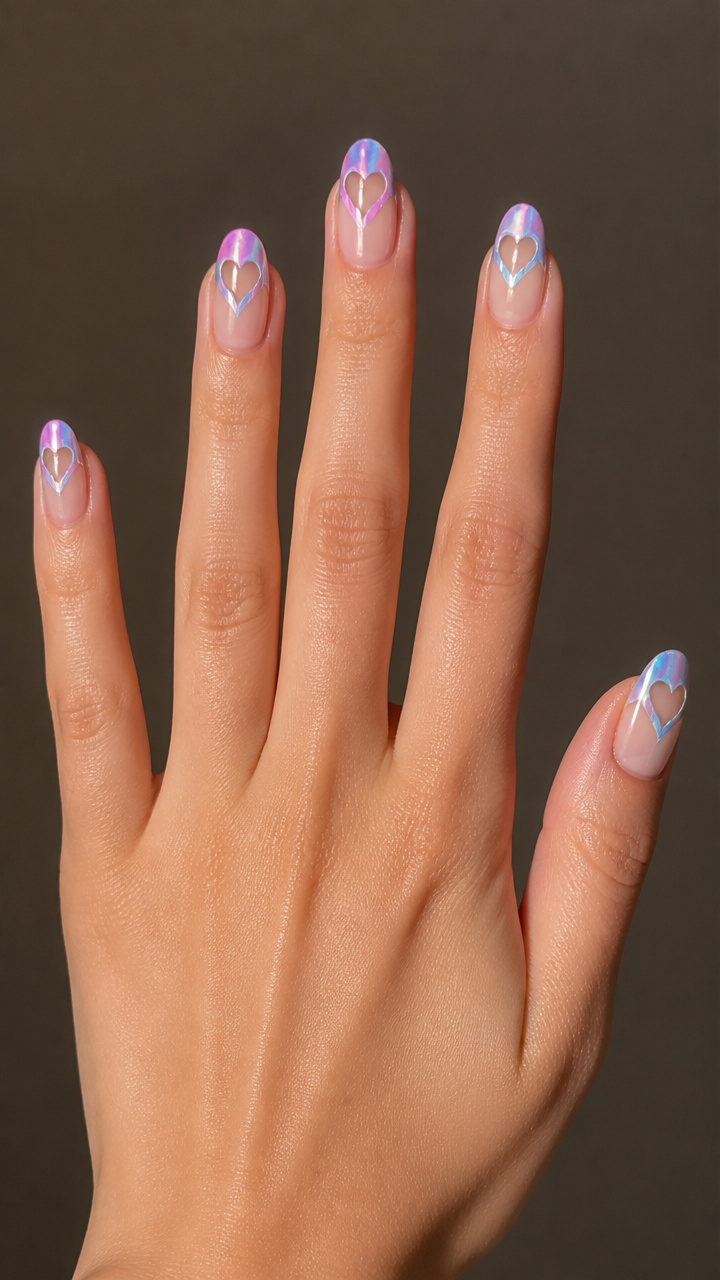 Holographic Heart Tips on Clear Nails