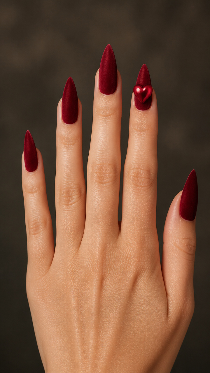 Velvet Red Nails with 3D Heart Charms