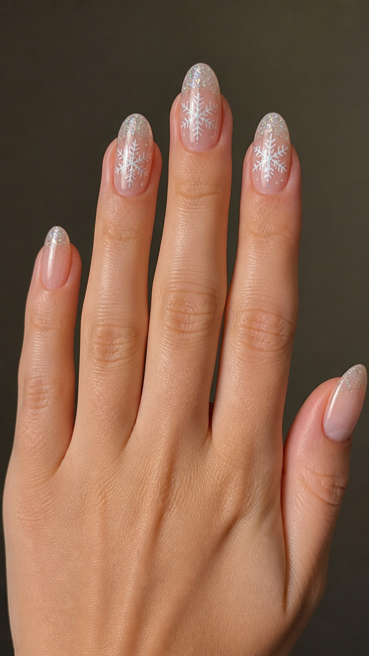 Snowflake Accent Nail on Icy Clear Base