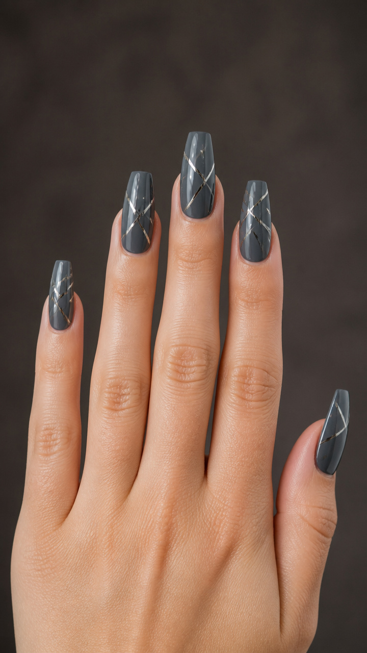Charcoal Gray Coffin Nails with Silver Striping