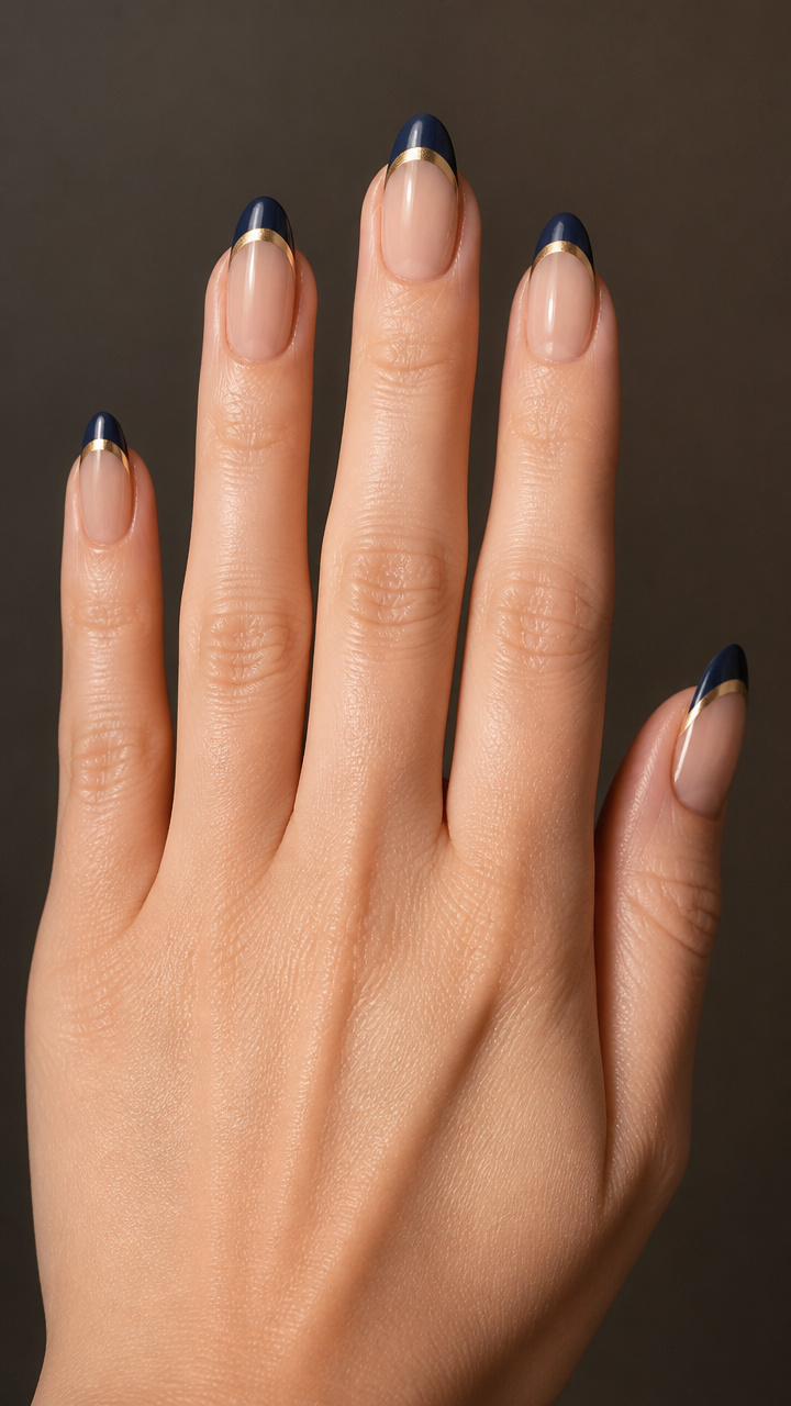 Navy Blue French Tips with Gold Underband