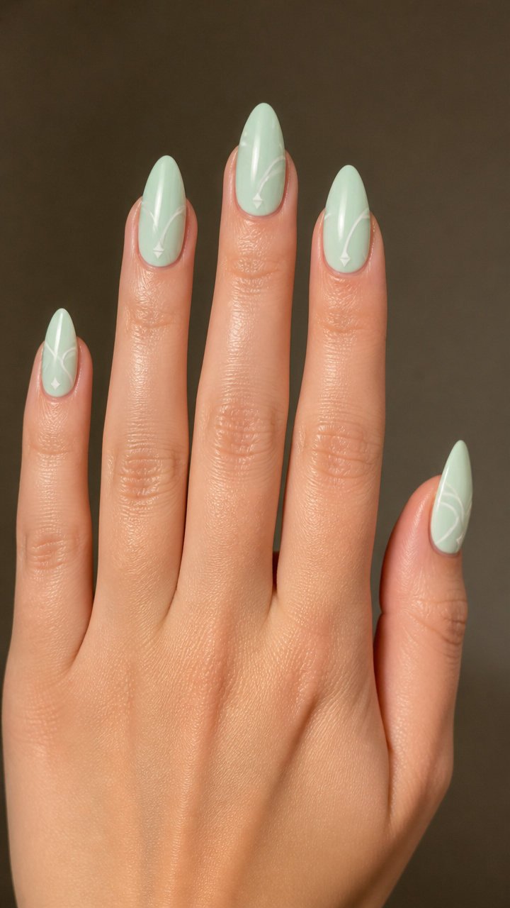 Mint Green Almond Nails with Minimalist Line Art