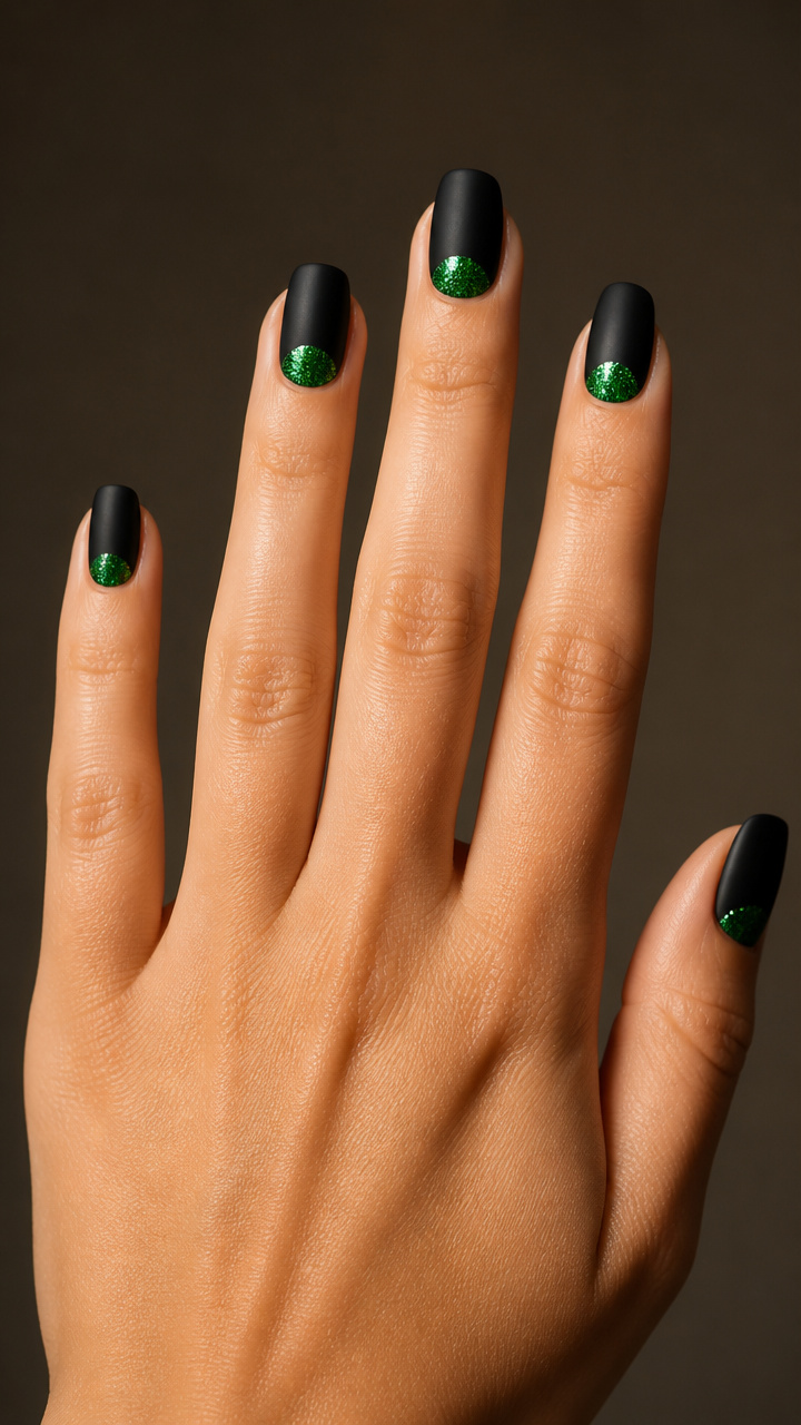 Green Glitter Half-Moons with Matte Black Base