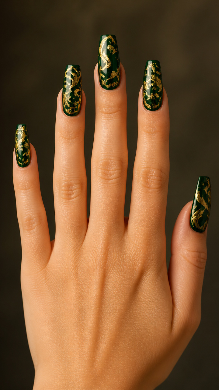 Gold Foil Swirls on Deep Emerald Coffin Nails