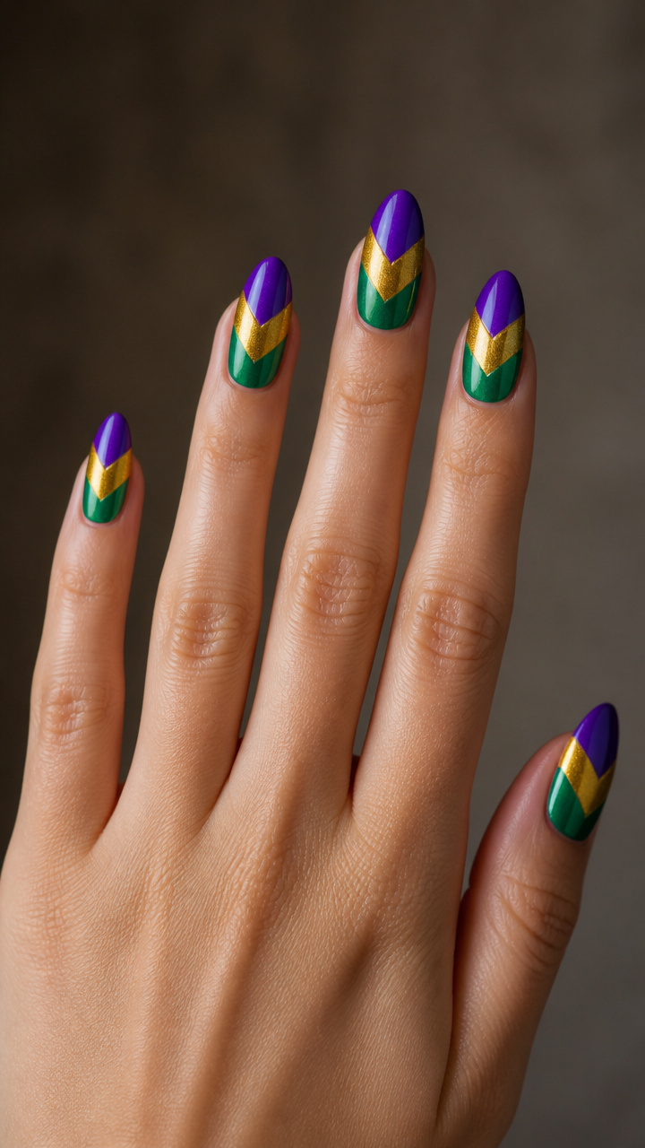 Tri-Color Chevron Stripes on Almond Nails
