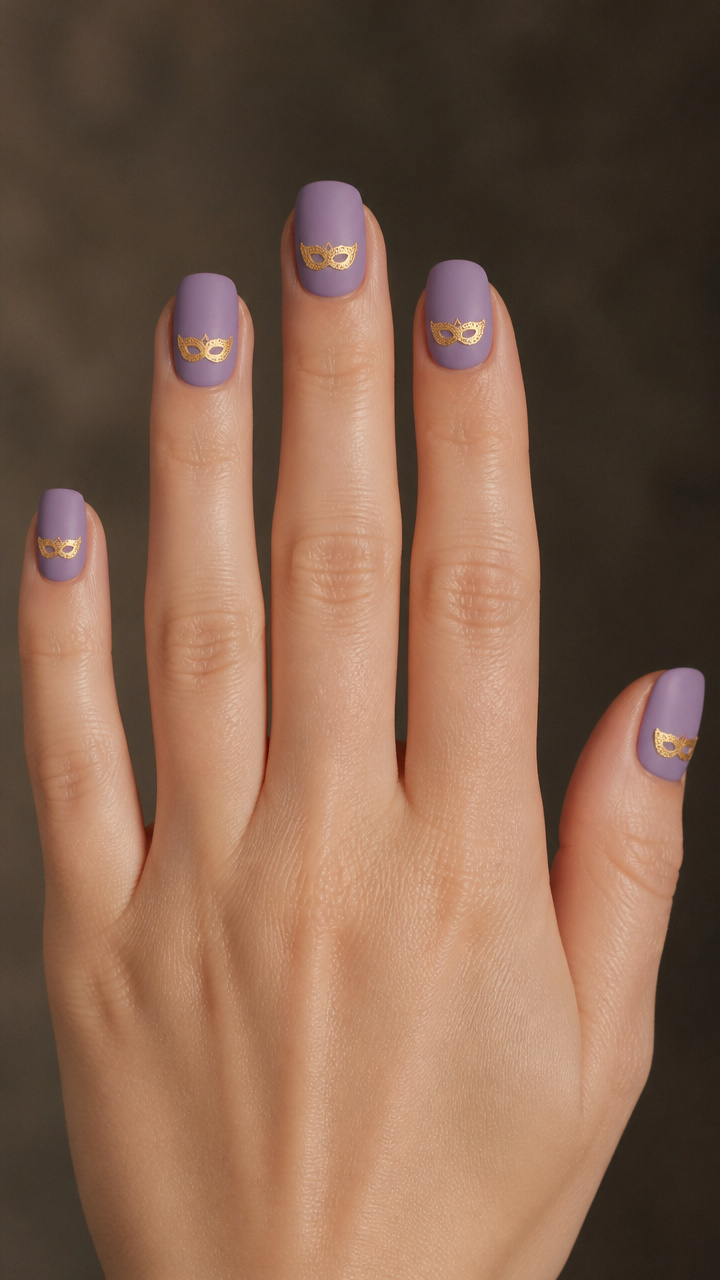 Matte Purple Nails with Tiny Gold Masks