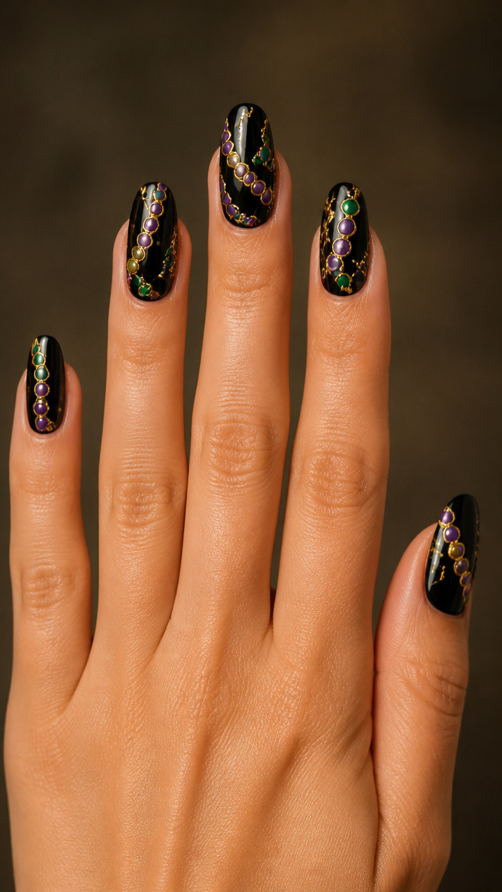 Black Base with Floating Mardi Gras Beads Art