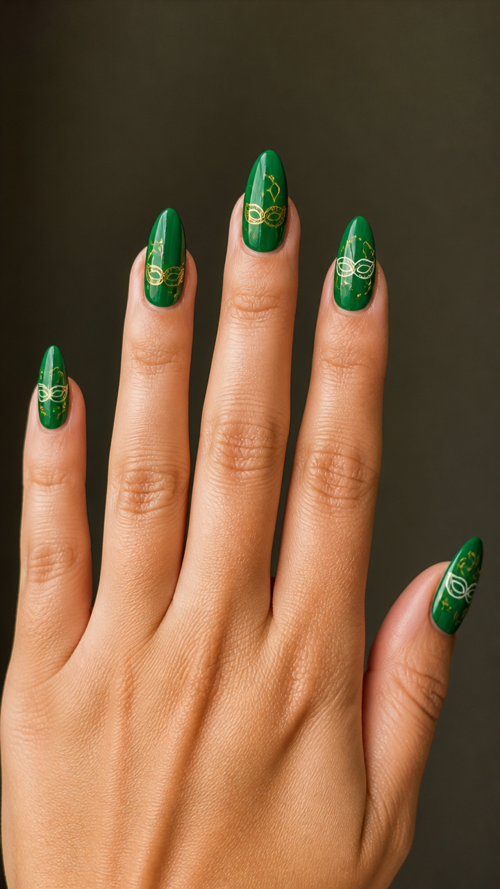 Mini Mask Line Art on Glossy Green Nails