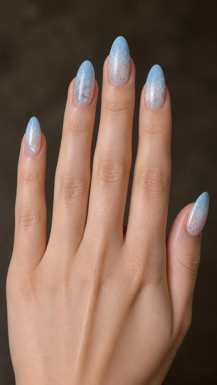 Powder Blue Ombre with Glitter Snowflakes