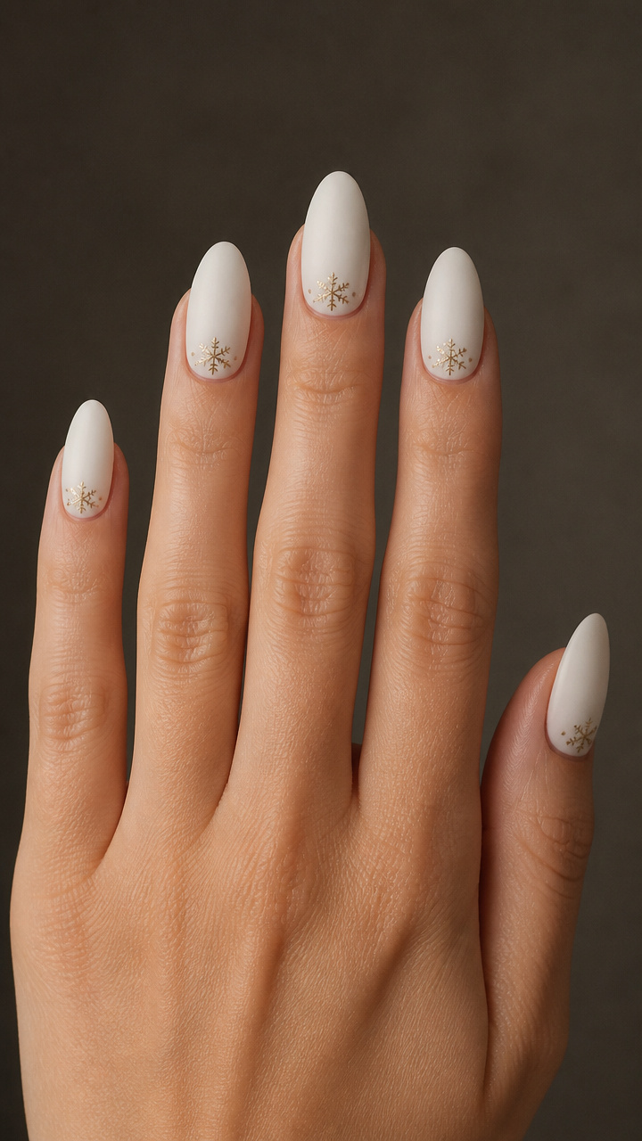 Matte White Almond Nails with Gold Micro-Snowflakes