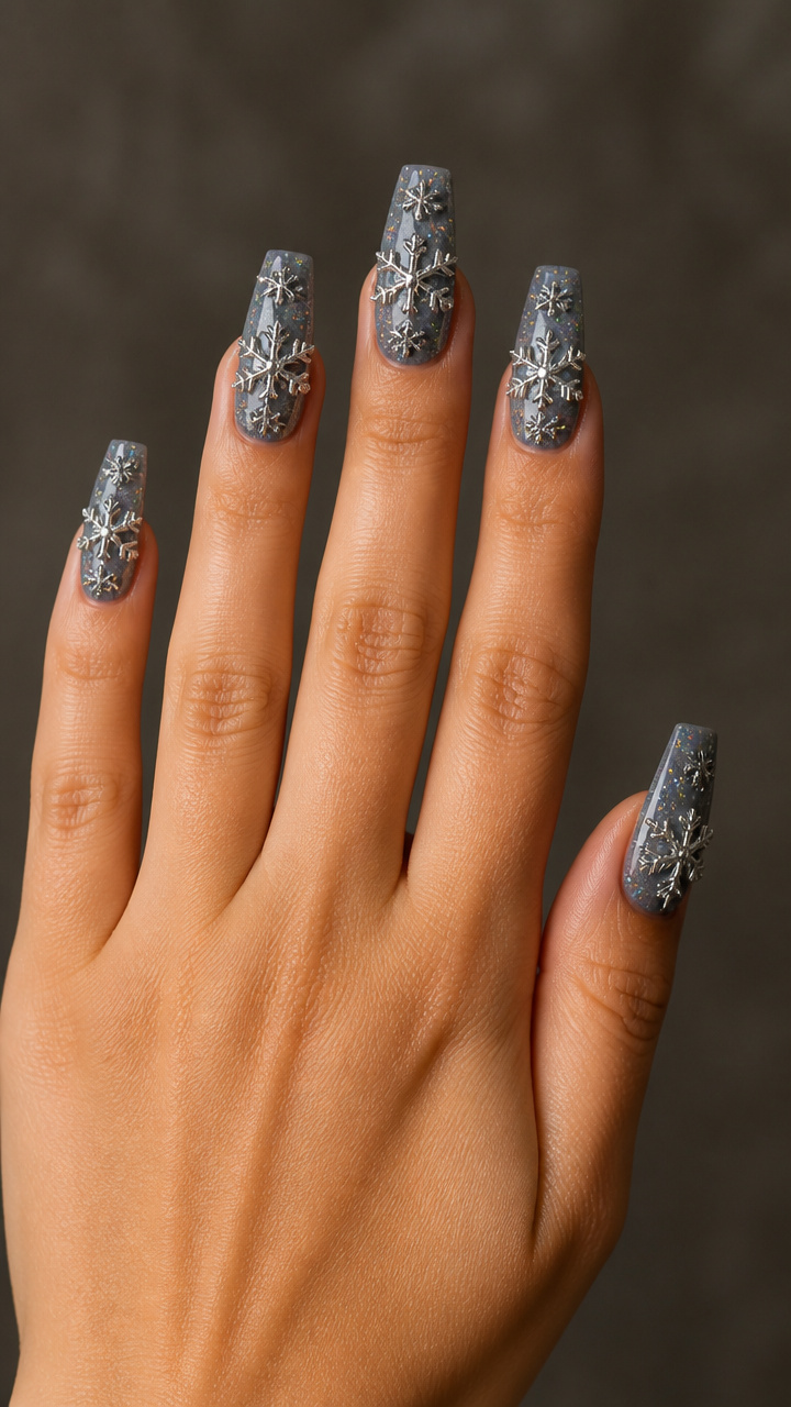Coffin Nails with 3D Snowflake Charms