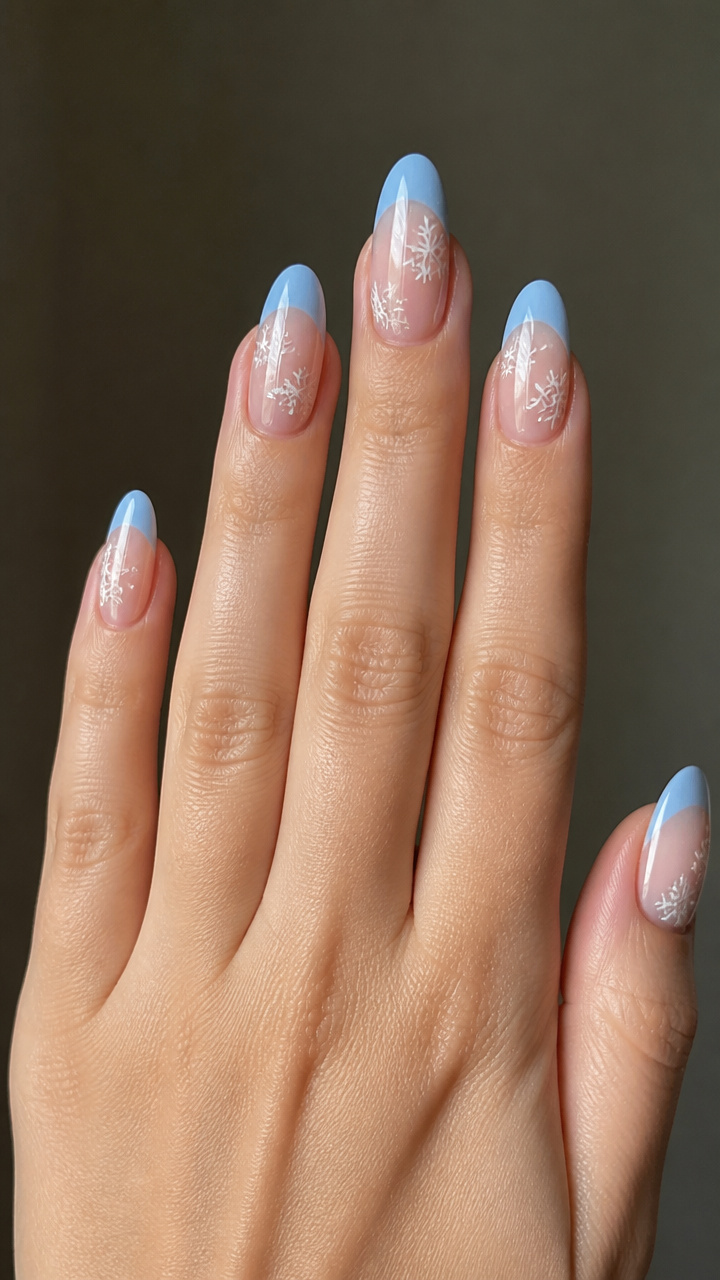 Baby Blue French Tips with Snowflake Accents